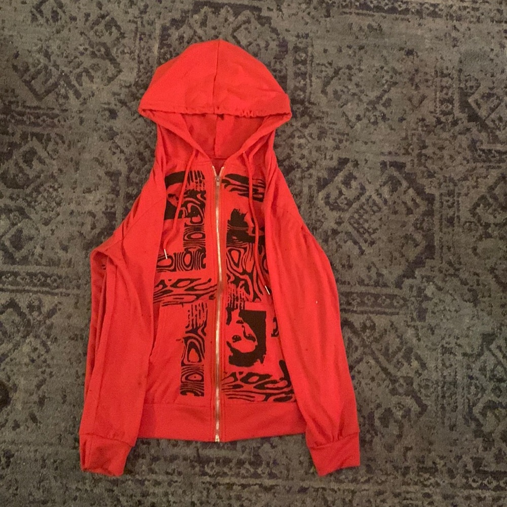 Red and Black Indie Screenprinted Oversized Zip-Up Hoodie